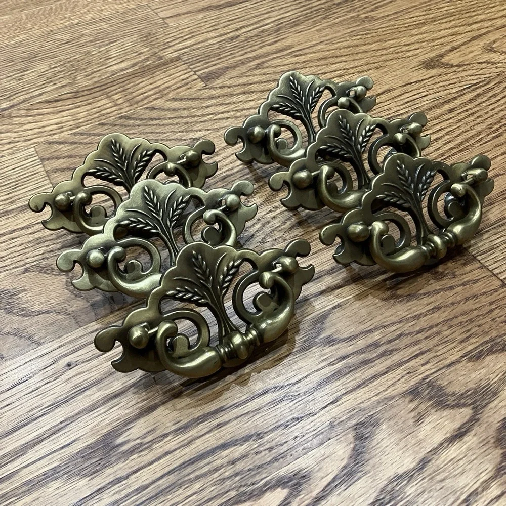 Set Of 6 Vintage Continental Brass Plated Drawer Pulls Wheat Pattern Salvaged